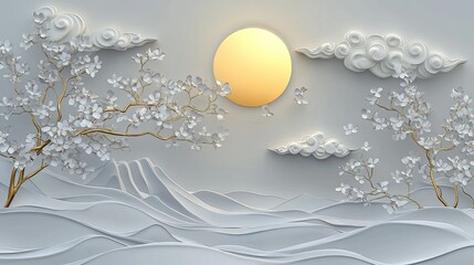 Poster - Serene Landscape with Golden Sun, White Blossoms, and Elegant Clouds in a Minimalist Style for Tranquil Home Decor and Art Spaces