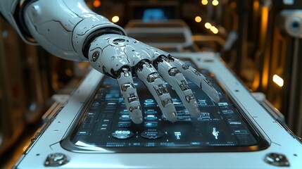 Poster - An android efficiently using a futuristic iron to press clothing in a modern, high-tech environment