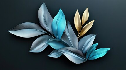Poster - Colorful and Elegant Digital Leaves Composition on Dark Background with Intricate Patterns Ideal for Modern Design Projects and Natural Themes