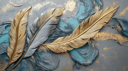 Poster - Elegant Metallic Feathers on Textured Background with Artistic Swirls of Blue and Gold, Beautiful Decorative Elements for Creative Design and Artwork Inspiration