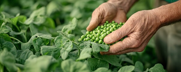 Senior farmer handharvesting green peas in a thriving garden, focus on organic farming, sustainable agriculture, lush greenery, peaceful rural lifestyle