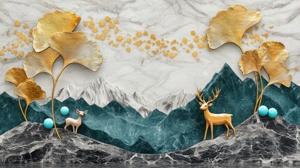 Poster - Elegant Mountain Landscape with Golden Leaves and Deer in a Stunning Artistic Representation of Nature's Beauty