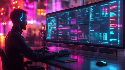 Poster - an android analyzes project timelines on a high-tech display in a vibrant urban environment