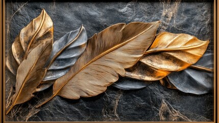 Poster - Elegant Bronze Leaves Arrangement on Dark Stone Background in Art Frame with Intricate Detailing and Luxe Design for Home Decor and Interior Aesthetics