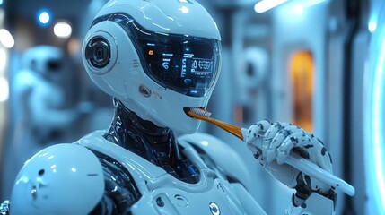Poster - A sleek android brushing its teeth in a modern futuristic environment during the morning routine