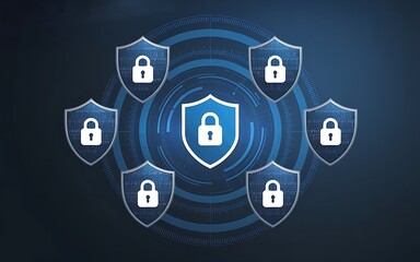 Poster - Cybersecurity Network: A visual representation of a robust cybersecurity network, with multiple shields symbolizing protection and security. This image evokes a sense of safety and reliability.