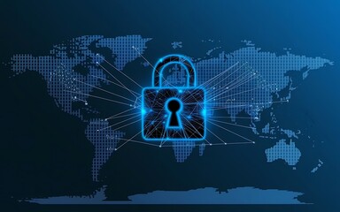 Poster - Global Cyber Security: A powerful and abstract illustration of a padlock symbolizing cybersecurity. The lock is centered on a stylized world map, with glowing lines radiating from it.