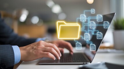 Poster - Data Transfer:  A businessman's hands hover over a laptop keyboard,  with a graphic of folders and files being transferred.