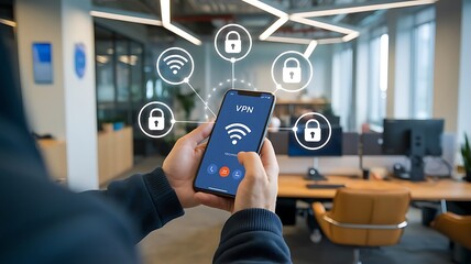 Poster - Securing Your Digital World:  A person uses a smartphone to connect to a secure VPN network, symbolized by digital lock icons.  The image showcases modern office space in the background.