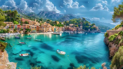 Canvas Print - A picturesque coastal scene featuring colorful buildings, clear turquoise waters, and boats under a bright sky.