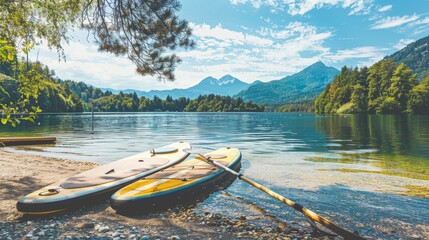Poster - A scenic paddleboarding spot on a tranquil lake, Paddleboards and paddles neatly arranged on the shore, Serene outdoor adventure style