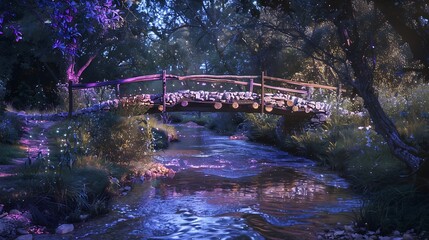 Canvas Print - A serene bridge over a gently flowing stream, surrounded by lush greenery and soft lighting.