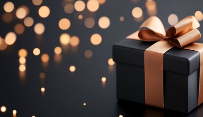 Wall Mural - A beautifully wrapped black gift box with a ribbon on a blurred background.