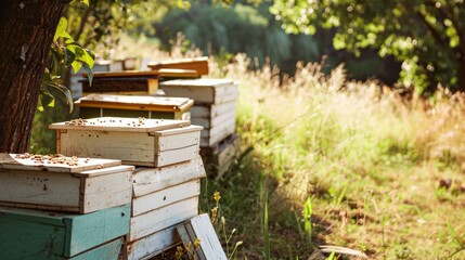 Poster - A serene beekeeping apiary with hives and beekeeping tools, Beekeeping equipment set up in a sunny field, Rustic agricultural style