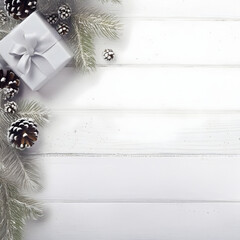 Wall Mural - christmas gifts with silver ribbons, pine cones, spruce and fir branches and decorations on white sn