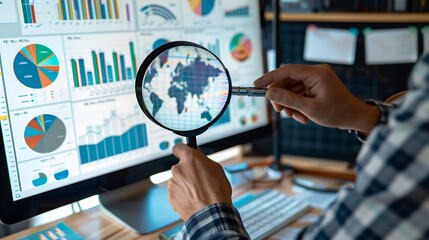 Poster - A person analyzing data on a computer screen with graphs and a magnifying glass.