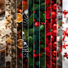 Wall Mural - Abstract background with seasonal and winter stripes with plant, leaf, ball, cone, spice, sweets and gifts texture. Horizontal composition. Concept of Christmas, holiday and New Year.