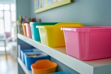 Wall Mural - A close-up view of colorful plastic storage bins organized on a clean shelf in a modern living space, bright light accentuating their vibrant colors and functionality 4