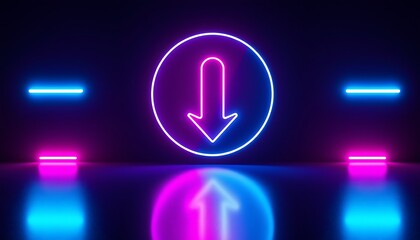 Poster - Glowing Neon Arrow Pointing Down in a Circular Frame with Reflective Surface