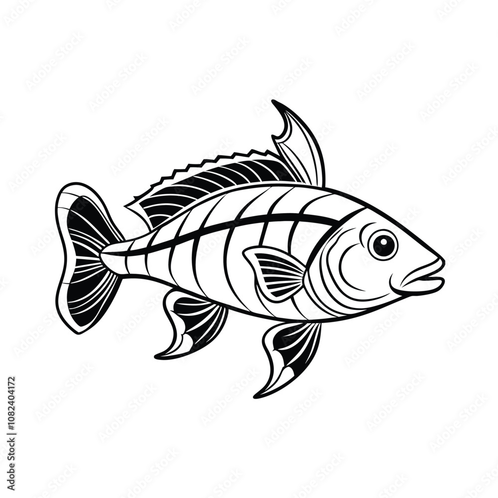 rui, rohu fish vector design, labeled line art and linocut silhouette ...