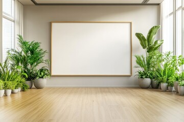 Wall Mural - A bright, minimalist room featuring a large blank canvas and lush indoor plants.