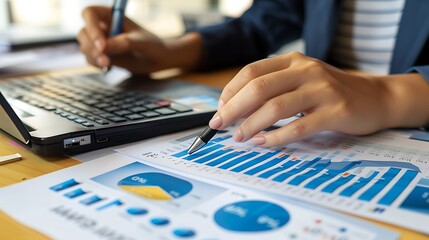 Poster - A person analyzing data with graphs and charts on a desk, using a laptop and pen for note-taking.