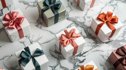 Wall Mural - Luxurious Gift Boxes Displayed on Marble Countertop for High-End Product Presentation