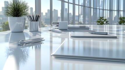 Poster - Modern office workspace with stationery and a city view.
