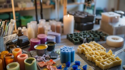 Aufkleber - A serene candle-making studio with wax and molds, featuring a tranquil workspace with candle molds, colorful wax blocks