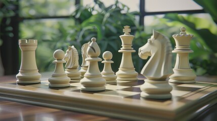 Poster - A serene chess playing area with a beautifully crafted chessboard, Chess pieces set up for a game, Classic intellectual style