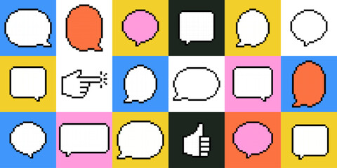 Fototapete - Speech bubble seamless pattern in pixel art. Y2k trendy poster. Bright pixelated shape for chat, text message, dialog, conversation frame. Retro game style dialogue box. Editable vector illustration