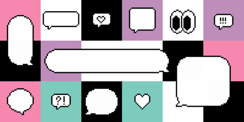 Poster - Speech bubbles background in pixel art. Communication concept. Empty pixelated dialogue box. Different messages temlate design. Retro game style shape for chat, text message, dialog, conversation