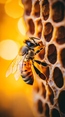 Poster - Captivating image of a honey bee on a honeycomb in warm sunlight, showcasing the beauty of pollination. Vibrant yellow tones make it perfect for design projects