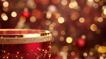 Wall Mural - A Warm Festive Background Featuring a Bright Red Gift Box Adorned with Glimmering Gold and Glittering Details Surrounded by a Beautiful Sparkling Bokeh Effect