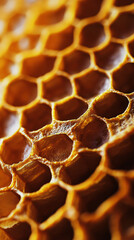 Poster - Macro image revealing the intricate hexagonal structure of a honeycomb, filled with golden nectar