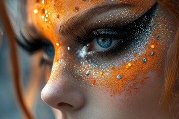 Wall Mural - Woman with orange and silver glitter makeup and rhinestones around eye