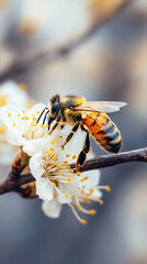 Poster - Busy honey bee happily collecting pollen from white flowers in a garden, buzzing around and spreading nature's beauty. Bright colors and intricate details capture the essence of summer