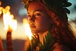 © Maelgoa - Close-up of a young Hawaiian hula dancer in green grass skirt, serious focus, performing in front of traditional tiki torches, warm dusk light 2