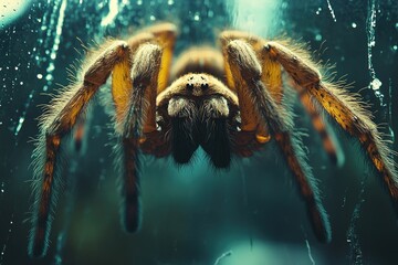 Giant spider crawling on wet glass surface at night