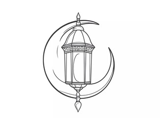 Leinwandbilder - One-line drawing of a lantern and crescent moon for Ramadan Kareem. Simple design, vector illustration, white background