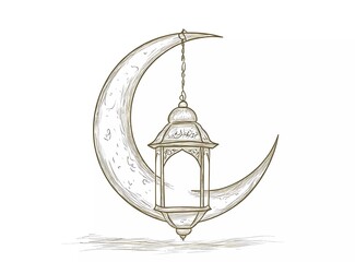 Leinwandbilder - One-line drawing of a lantern and crescent moon for Ramadan Kareem. Simple design, vector illustration, white background