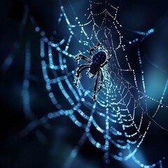 Wall Mural - Glowing Spider Web Shimmering in Moonlit Mist Intricate Nature Design