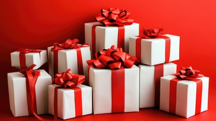 Wall Mural - A Festive Collection of White Gift Boxes with Red Ribbons and Bows on a Vibrant Red Background Perfect for Holiday Celebrations and Gift Giving Moments