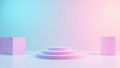 Poster - Minimalist pastel podium with soft pink and blue lighting, holographic empty showcase platform for product display