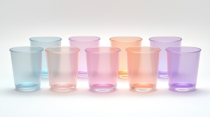 Poster - A row of colorful plastic cups are lined up on a white background