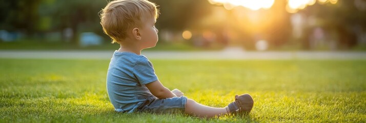 Wall Mural - A child sitting on grass, gazing at the sunset in a serene outdoor setting.