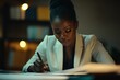 © Maelgoa - Focused black businesswoman in a professional setting, signing important paperwork with a pen, light shining on her face, soft office ambiance with minimal decor 2