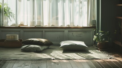 Aufkleber - A serene meditation corner with mats and cushions, Meditation accessories arranged in a peaceful setting, Zen minimalist style