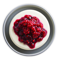 Wall Mural - Delicious Creamy Dessert with Red Berry Topping on a Gray Plate