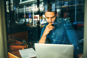 Poster - Remote work, man and thinking in cafe with laptop, notebook and research for startup management. Entrepreneur, brainstorming or computer at shop window for planning, business tasks or problem solving